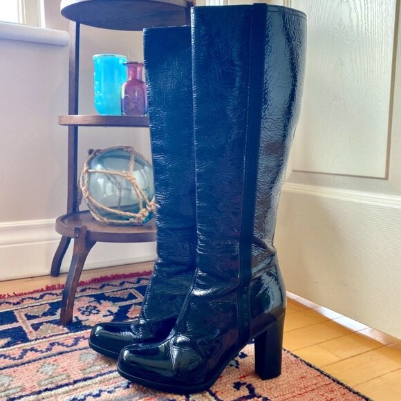 Prada Vintage Black Patent Leather Heeled Boots - Picture 1 of 14